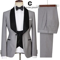 cenne des graoom new wedding men suits tailored velvet shining collar classic grey tuxedo 3 pieces set groom regular slim fit