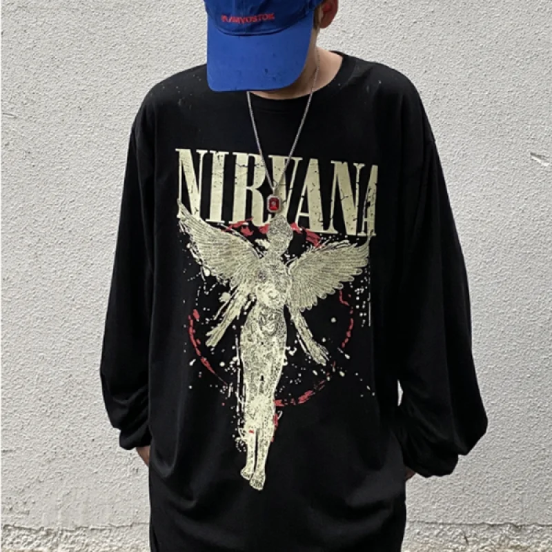 

Cotton High Street American Long-sleeved T-shirt Angel Printed hiphop Street Crewneck Loose Large Size Top for Men