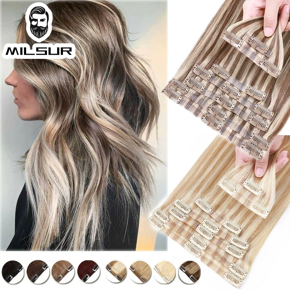 PU Clip In Human Hair Extensions 7Pcs Natural Straight Hairpieces 100% Real Human Hair Clip in Hair Extensions For Women