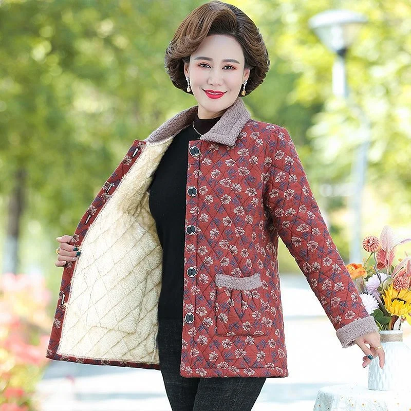 Fleece warm floral cotton jacket short coat for middle-aged female mother in winter