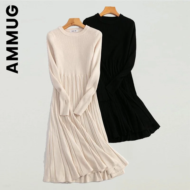

Ammug New Women Dress Korean Dresses Knitted A-Line Dress Elastic Slim Streetwear Popular Simple Female Vestidos Dress Woman