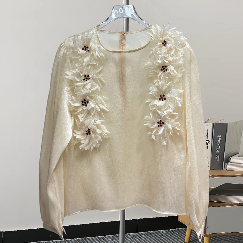 KBQ однотонные шикарные рубашки с аппликацией для женщин круглым вырезом в стиле