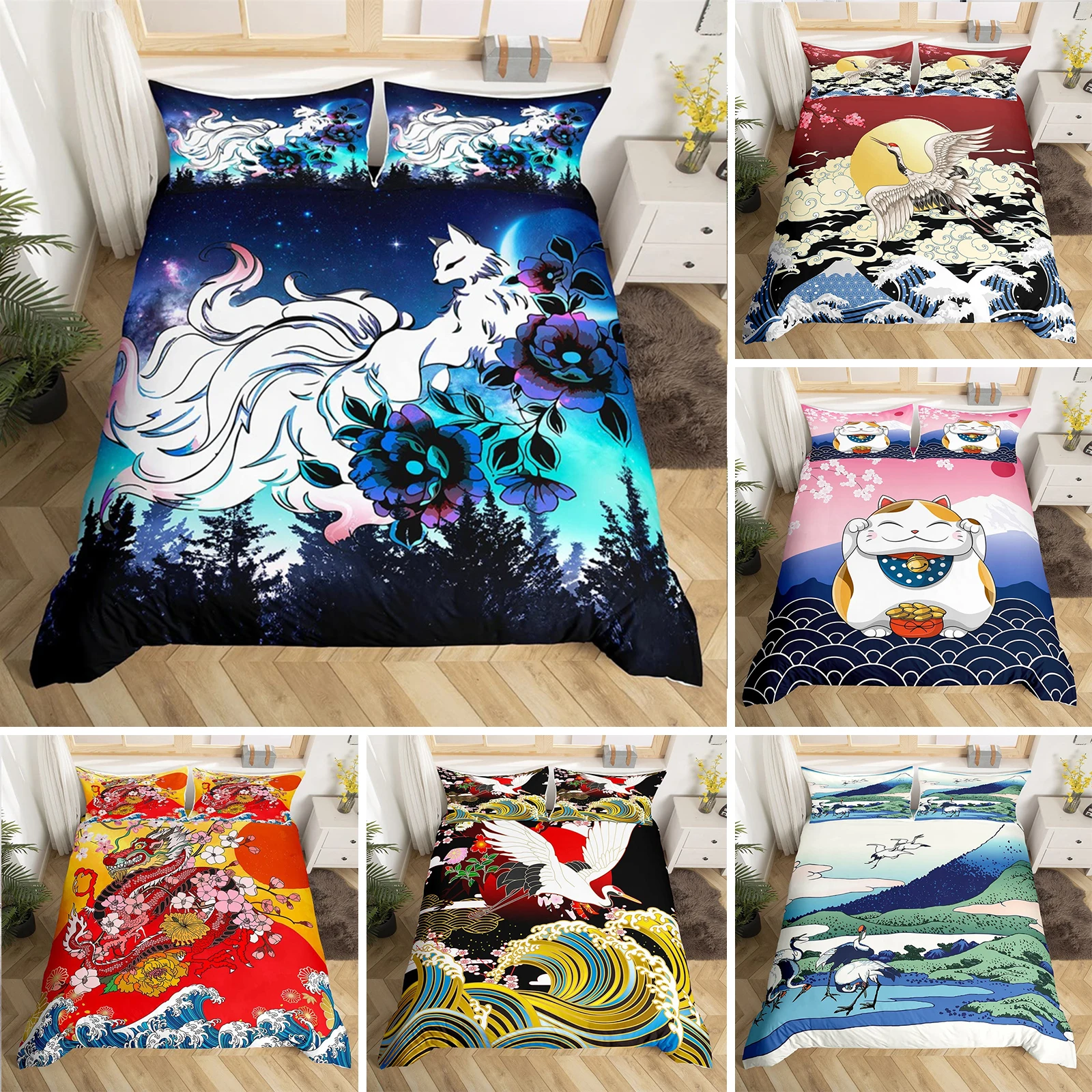 

Japanese Ukiyoe Bedding Set White Fox Blossoms Floral Duvet Cover Polyester Galaxy Exotic Animal Comforter Cover Twin Queen Size