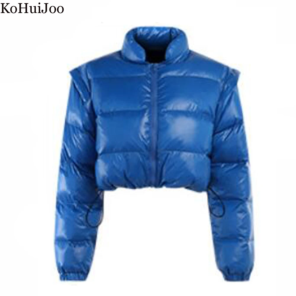 

KoHuiJoo Parkas Jacket Detachable Sleeves Two Cotton Padded High Street Long Sleeve Short Slim Zipper Winter Coat Womne Solid