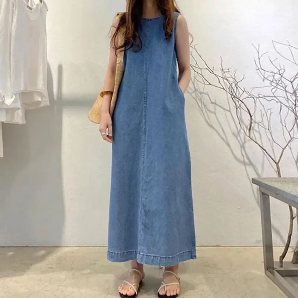 Loose Maxi Dress Stylish Women's Sleeveless Maxi Dress O Neck Ankle Length Soft Fabric with Pockets for Casual Dating