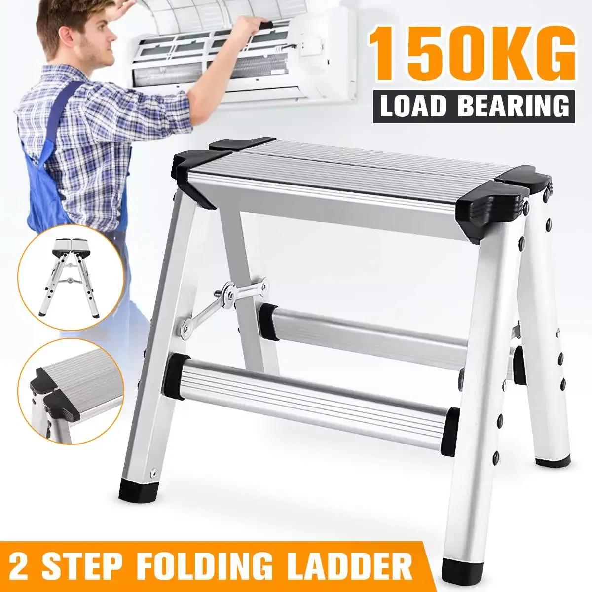 

2023New 150KG Maximum Load Aluminum Folding Ladder Maximum Load 2 Step Stool Ladder Anti Slip Safety Platform Ladder