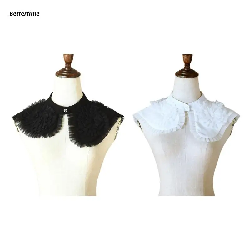 

B36D Women Elegant Ruffled Mesh Flower False Collar Shawl Decorative One Button Front Half Shirts Asymmetrical Capelet Poncho