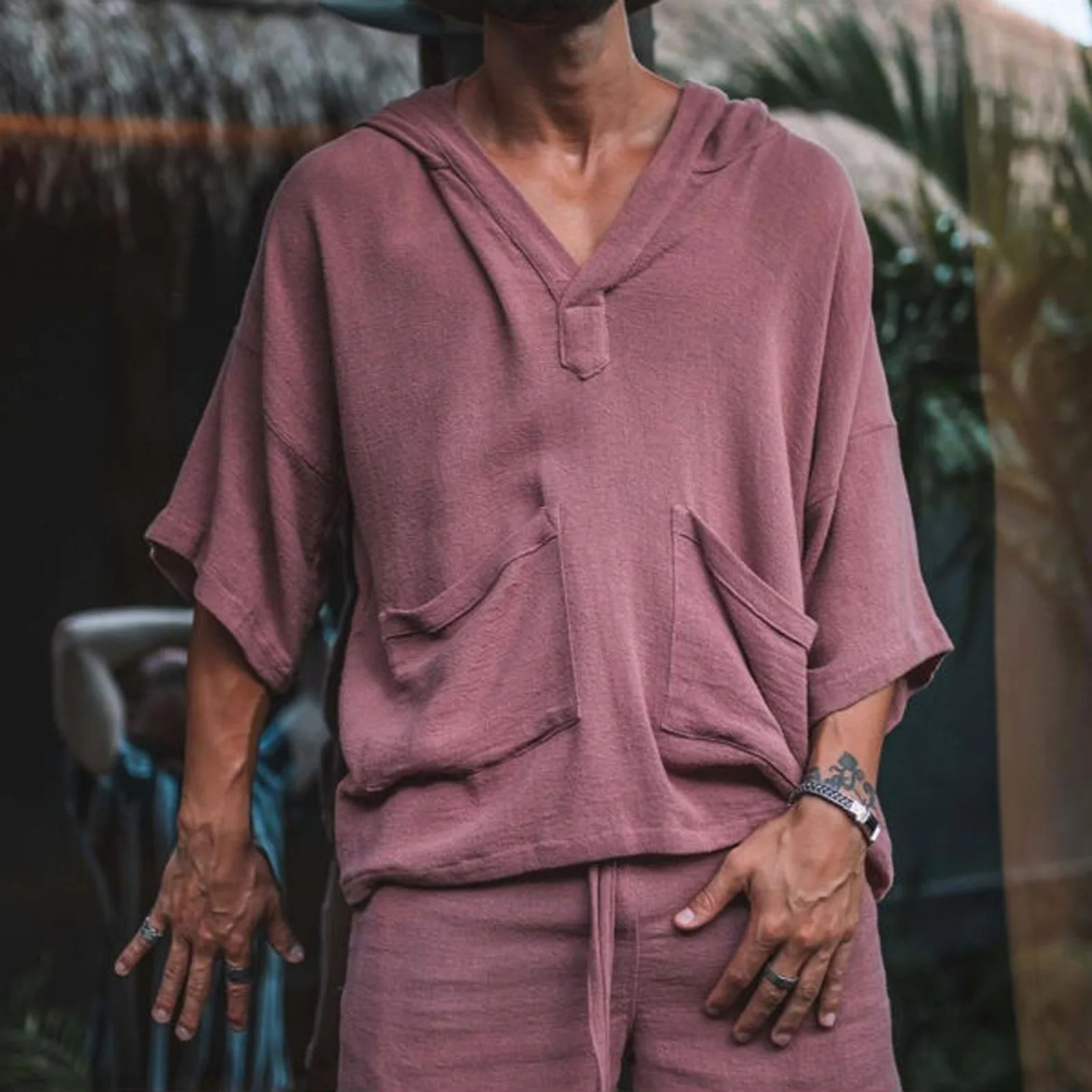 Fashionable Men's Two-Piece Set Casual Cotton Linen Solid Color Loose Suit Summer Half Sleeve V Neck T-Shirt and Shorts for Men