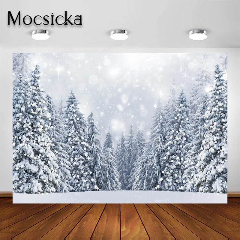 

Mocsicka Winter Photography Background for Portrait Pets Glitter Snow Pine Forest Backdrop Photo Studio Props New Year Decors