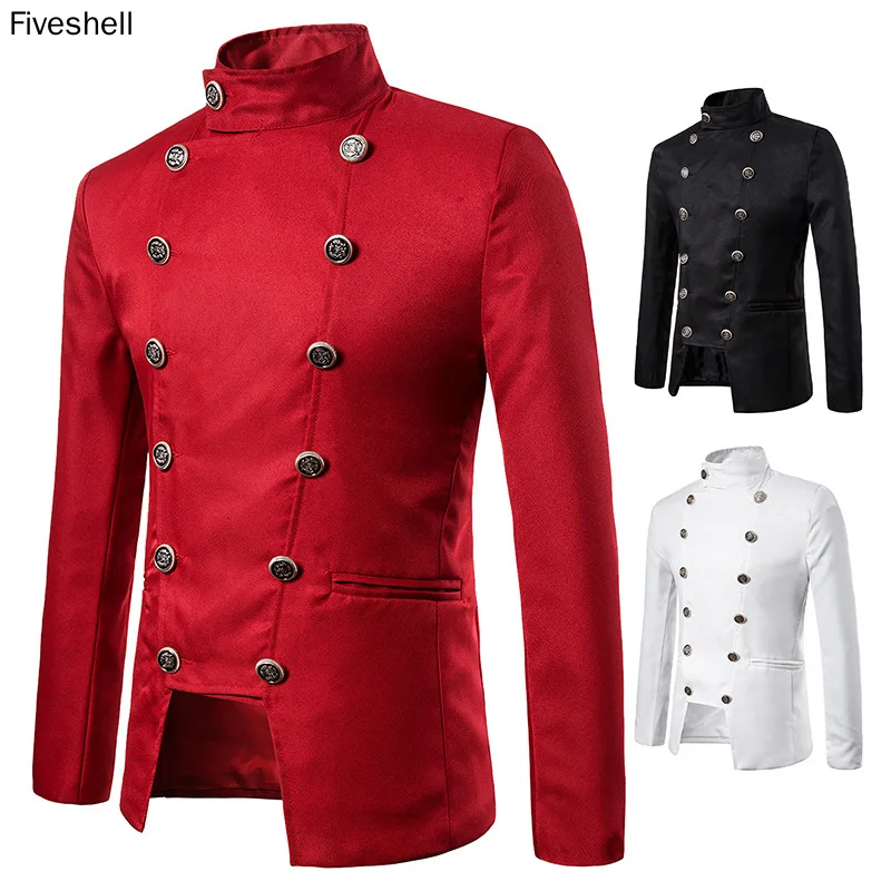 

2023 Men's Spring Autumn Long Sleeves Performance Jacket Steampunk Solid Stand Collar Double Breasted Coat Stage Host Costume