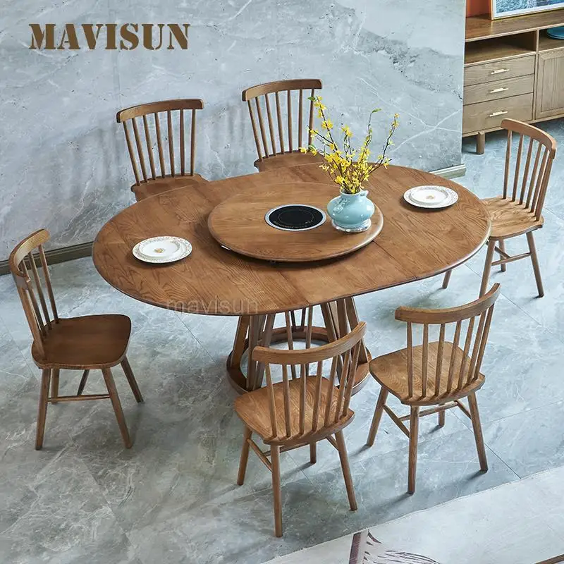 

Nordic Chairs For Kitchen Household Extendable Solid Wood Round Dining Table With Turntable Modern Simple Dining Room Furniture