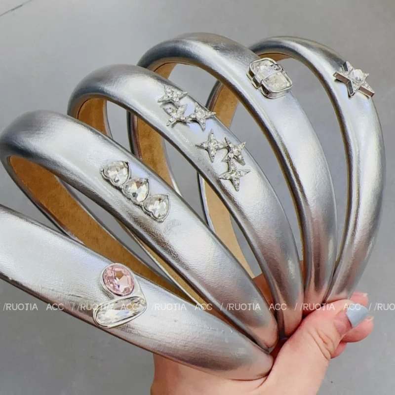 

Silver Star Heart Hair Hoop Popular Design Fashion Hair Accessories High Head Top Sponge Temperament Silver leather hair hoop