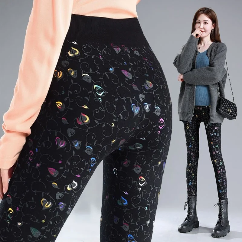 

Autumn Winter Rainbow Women's Glitter Warm Velvet Leggings Pants High Waist Elastic Black Bottoms Pencil Trousers