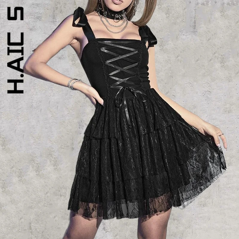 

H.Aic S Off Shoulder Bandage Square Collar Sleeveless Pure Black Lace Sexy Mini Dress Streetwear Vestidos Dresses Woman Female
