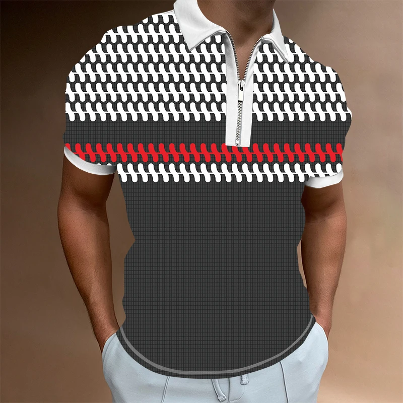 

Рубашка-поло мужская быстросохнущая, модная сорочка в полоску, с коротким рукавом, с лацканами, на молнии, дышащая повседневная, 3D-печать, ле...