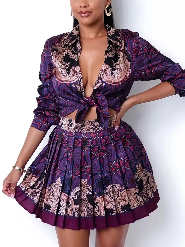 

Shein Romwe Set Of Two Fashion Pieces For Women Baroque Print Knot Front Top & Pleated Skirt Set Urbano Casual Skirt Set Frete