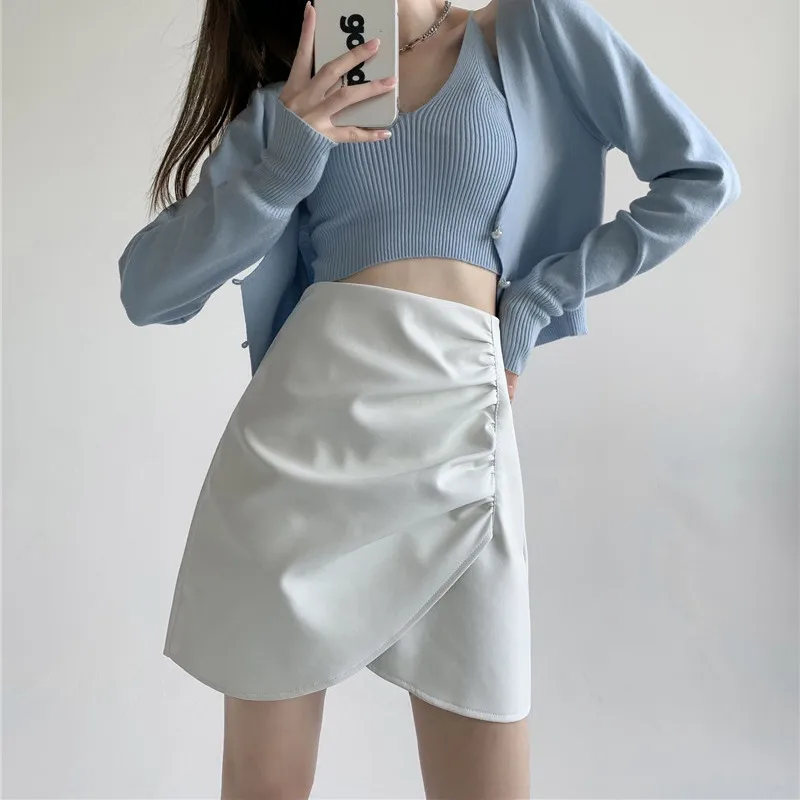 

High Waist Folds A-line Mini Skirt Women With Safe Shorts Irregular y2k Jupe Korean Fashion Leather Solid Faldas 5026