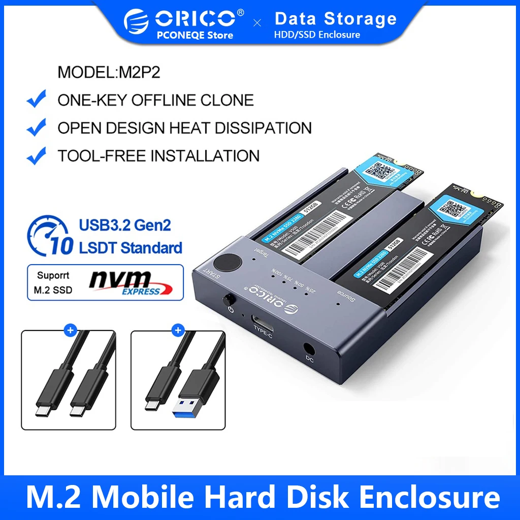 

ORICO USB 3. 1 Type-C Dual Bay M.2 NVMe SSD Enclosure Offline Clone 2242 2260 2280 22110 For M Key & M/B Key NVME PCIe SSD