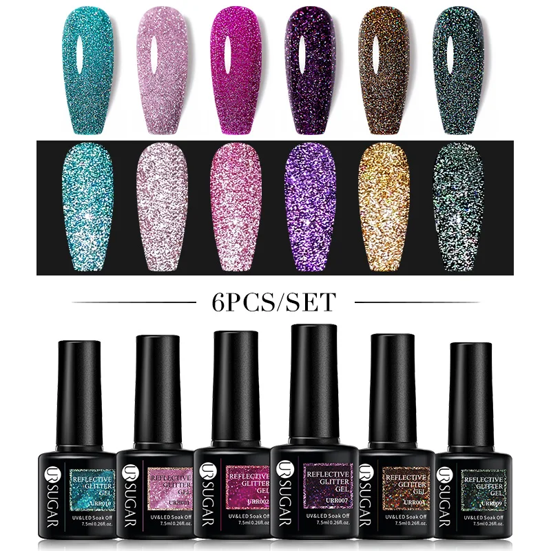 

UR SUGAR Reflective Glitter Gel Nail Polish Set 6PCS Holographic Gel Varnishes Kit For Manicure Semi-Permanent Hybrid Nail Art