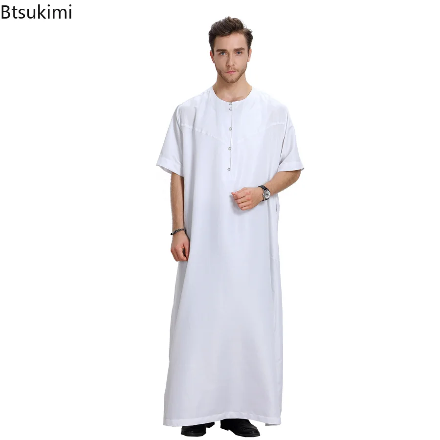 New Muslim Short Sleeve Jubba Thobe for Men Islamic Clothes Muslim Fashion Saudi  Arabic Abaya Long Robes Traditional Kaftan Men
