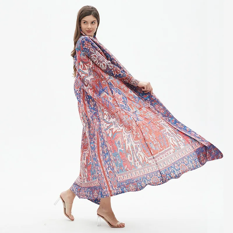 Женское винтажное платье-кардиган с поясом длинным рукавом и принтом