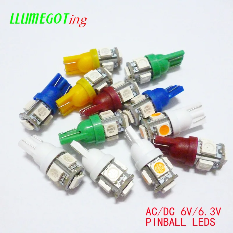 

50pcs AC DC 6V 6.3V 194 T10 #555 Wedge Bayonet 5x SMD 5050 Non Polarity Various Color Bally Pinball Game Machine Bulb Lamp