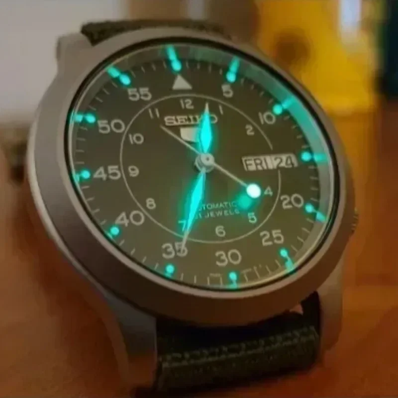 Фото Оригинальные часы SEIKO SNK805 для мужчин 5, автоматические часы из нержавеющей стали с механическими часами из зеленого холста, мужские часы №4