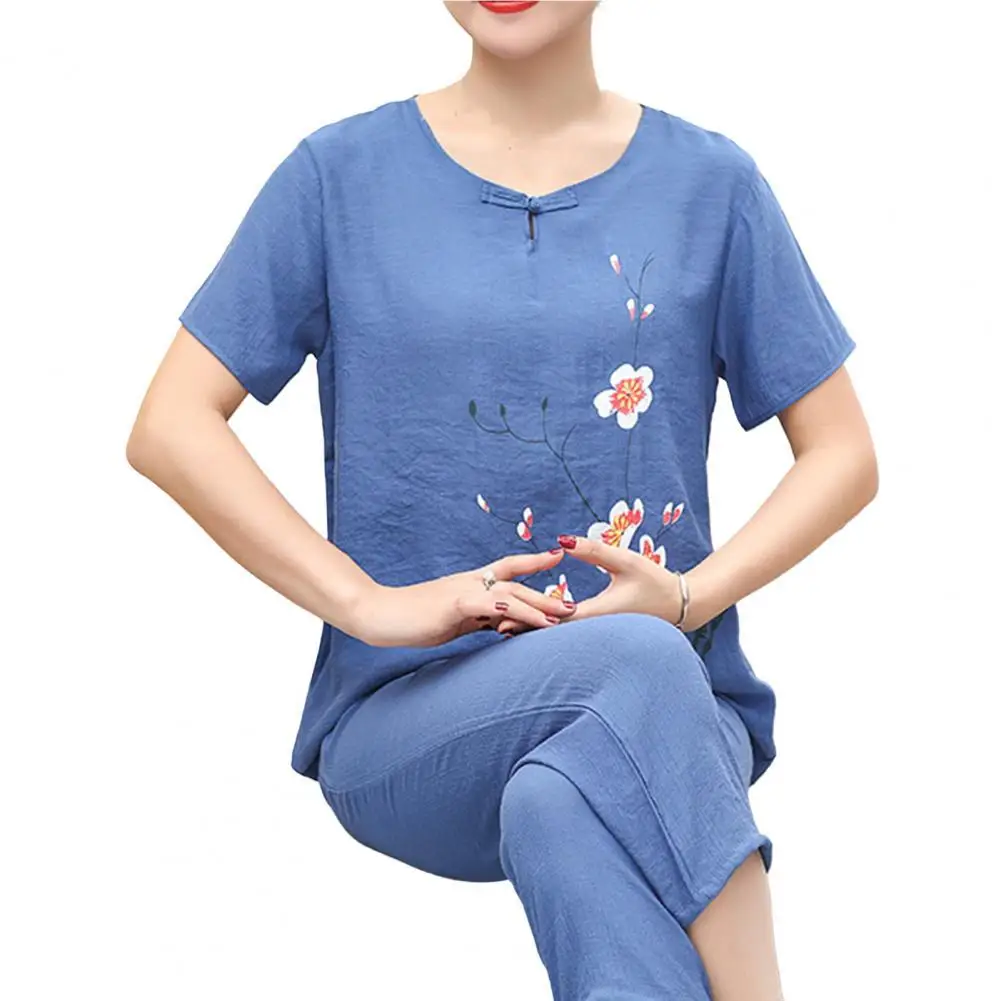 

2 Pcs/Set Women Pajamas Set O Neck Flower Print Grandma Style Elastic Waist Summer Pajamas Set Sleepwear Home Clothes
