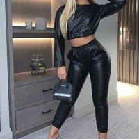 women spring fall faux leather pants high waist elastic trousers autumn famale fashion solid colors casual streetwear