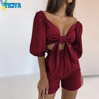 yiciya womens summer set red wine sexy lantern sleeve tie rope cardigan leisure two piece sets women outifits vacation for 2022