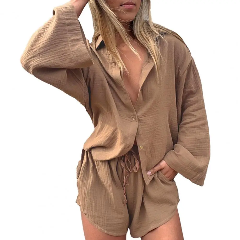 

2 шт./компл. женская блузка, короткий комплект, летний однотонный однобортный Свободный Повседневный женский спортивный костюм с глубокой п...