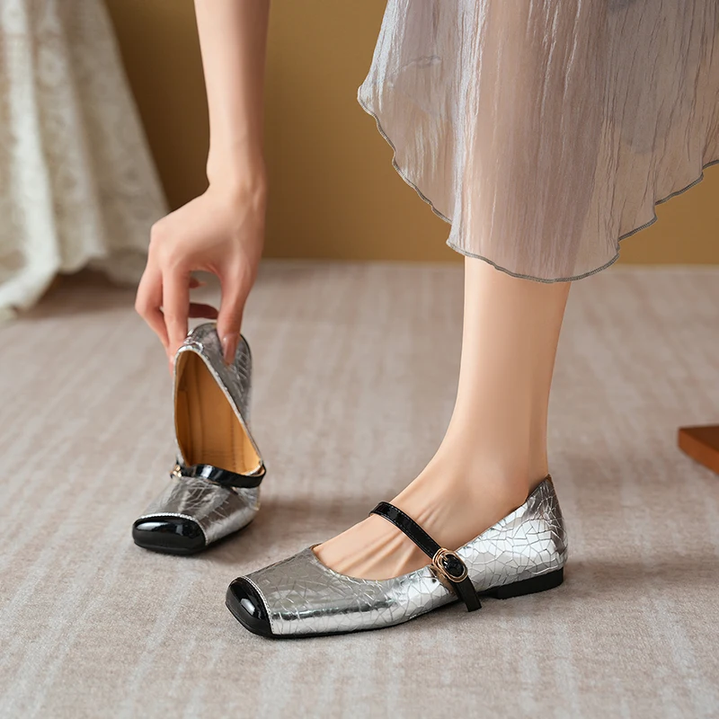 Женские балетки Мэри Джейн из металлизированной кожи блестящие крокодиловые