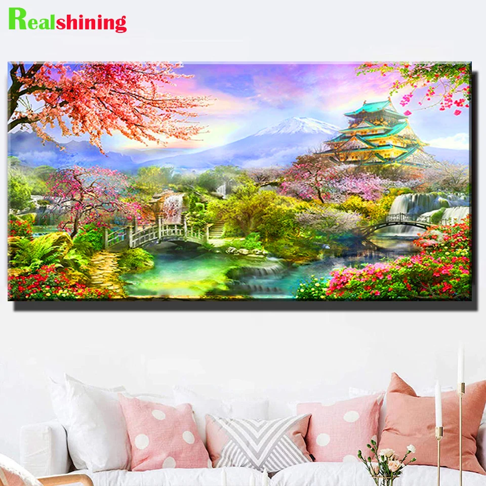 

Японский Mt Fuji Вишневый цветок храм алмазная живопись озеро пейзаж полная вышивка крестиком Мозаика Сакура вышивка пейзажа J498