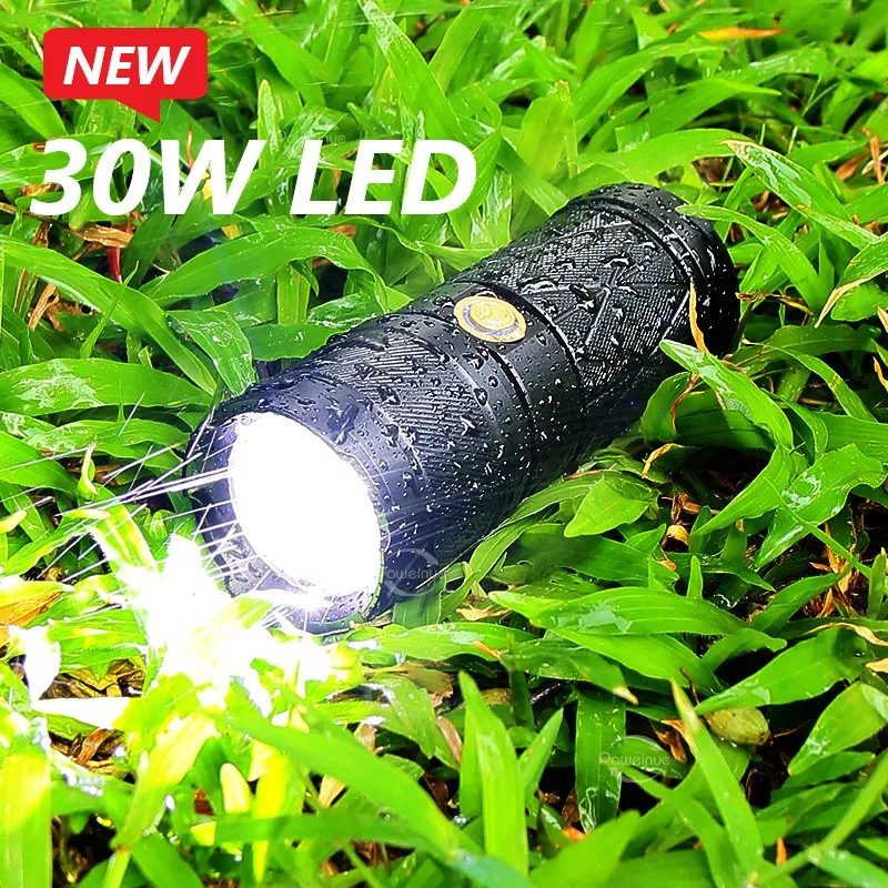 30W LED Flashlight Powerful 6*LED Tactical Flash Light Built-in 6600mAh USB Rechargeable Lamp Zoom Waterproof Torch With COB