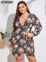 icurvee plus size dresses sexy v neck women bohemian mini sundress casual long puff sleeve floral printed short party beach robe