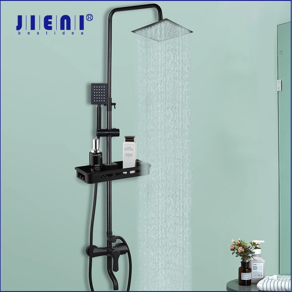 JIENI Matte Black Rainfall Shower Faucet Set Paint Black Bathtub Shower Mixer Faucet & Storage Shelf Bathroom Mixer Faucet Set