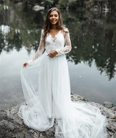 tixlear a line bohemian bride sweep train jacket bridal gown lace cut out applique vestido boho long sleeve wedding dresses 2022