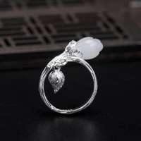 real 925 sterling silver female magnolia finger rings retro chinese style jade flower adjustable open ring gift for women jz050