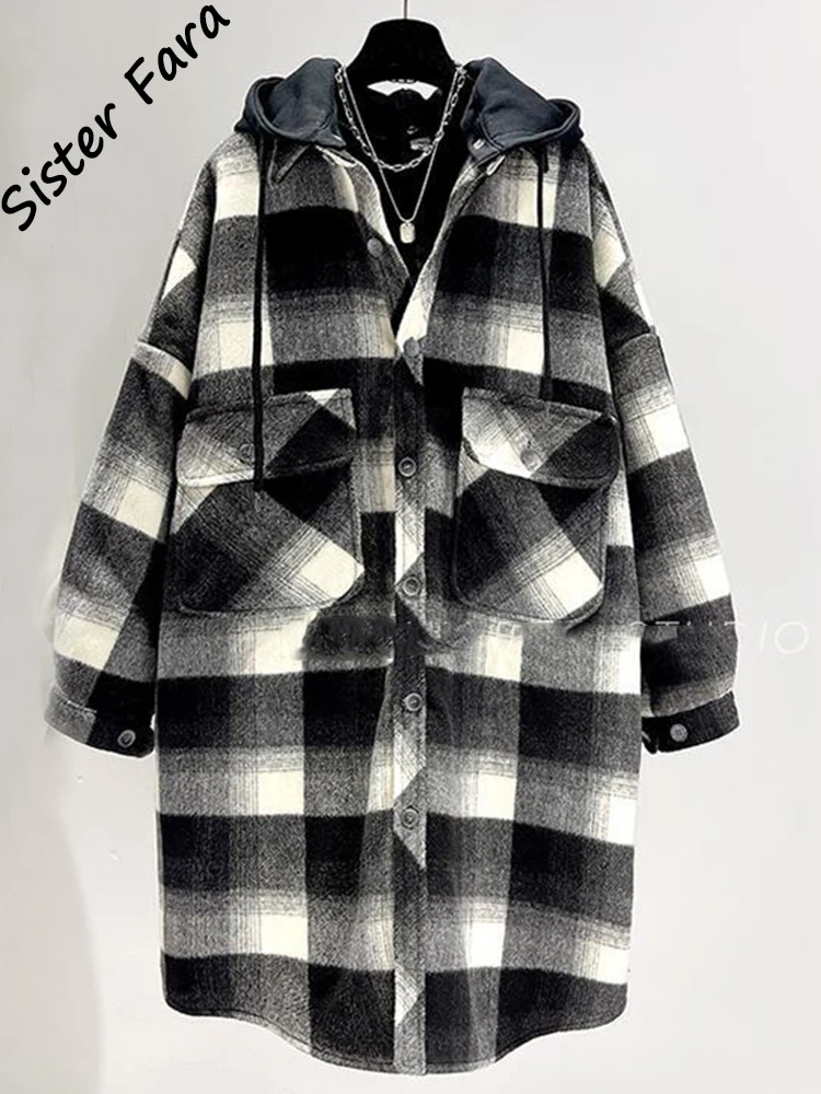 

Sister Fara Winter Hooded Woolen Long Coat Spring New Loose Mid-length Thickened Plaid Parka Jacket Women's Clothing Jacket Coat