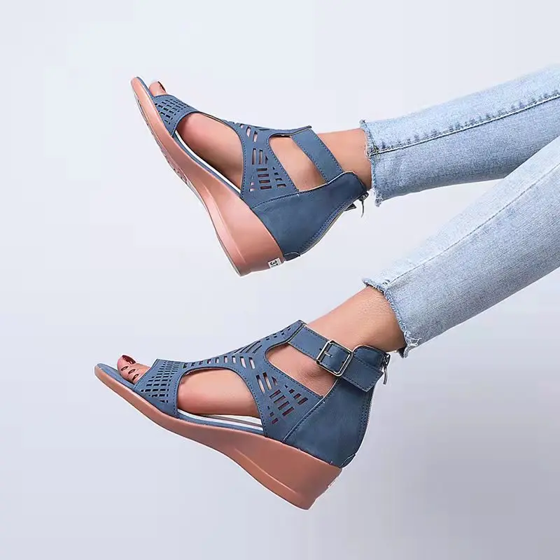 

2022 New Summer Sandals Woman Wedge Sandals Women Casual Round Toe Retro Soft Breathable Openwork Women Sandals Large Size 35~43