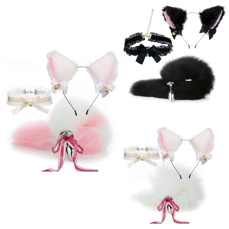 

Multi-color Ears Headband Anime Costume Accessories with Bell Choker Necklace Plush Animal Tail Plug for Girls