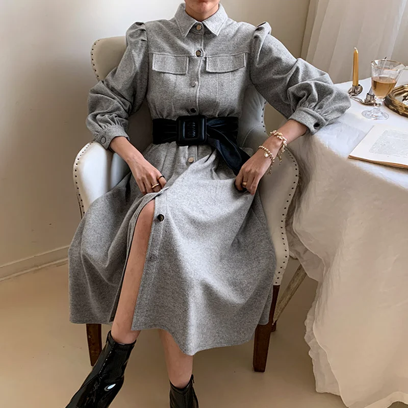 

Office Ladies Retro A-line Solid Color Lapel Single-breasted Woolen Temperament Dress with Belt Casual Party Chic Long Skirt