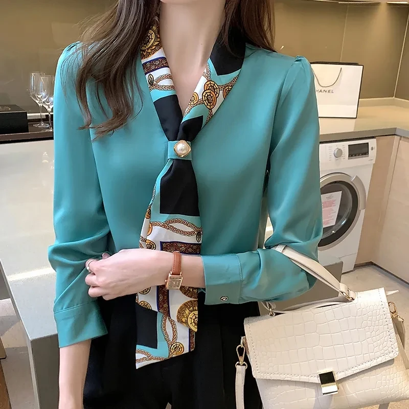 

Suoversizd Korean Satin Shirt Women Chic Formal OL Long Sleeve Blouse Casual Loose Big Size Pullover Scarf Collar Tops Female