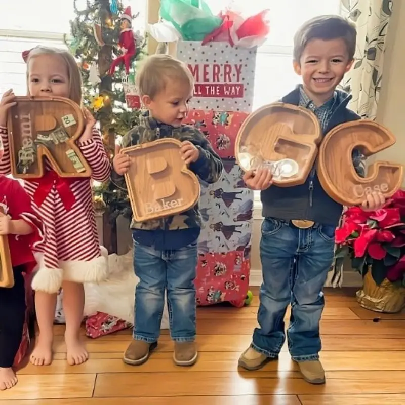 

Piggy Bank-Wood Gift For Kids Coins Storage Box Twenty-six Letter Wooden Coin Money Saving Box Jar Desktop Ornament Home Decor
