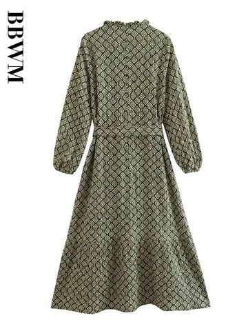 2023 New Women Geometrical Pattern Print Casual Midi Dress Vintage Long Sleeve Female Chic V Neck A Line Dresses Vestidos
