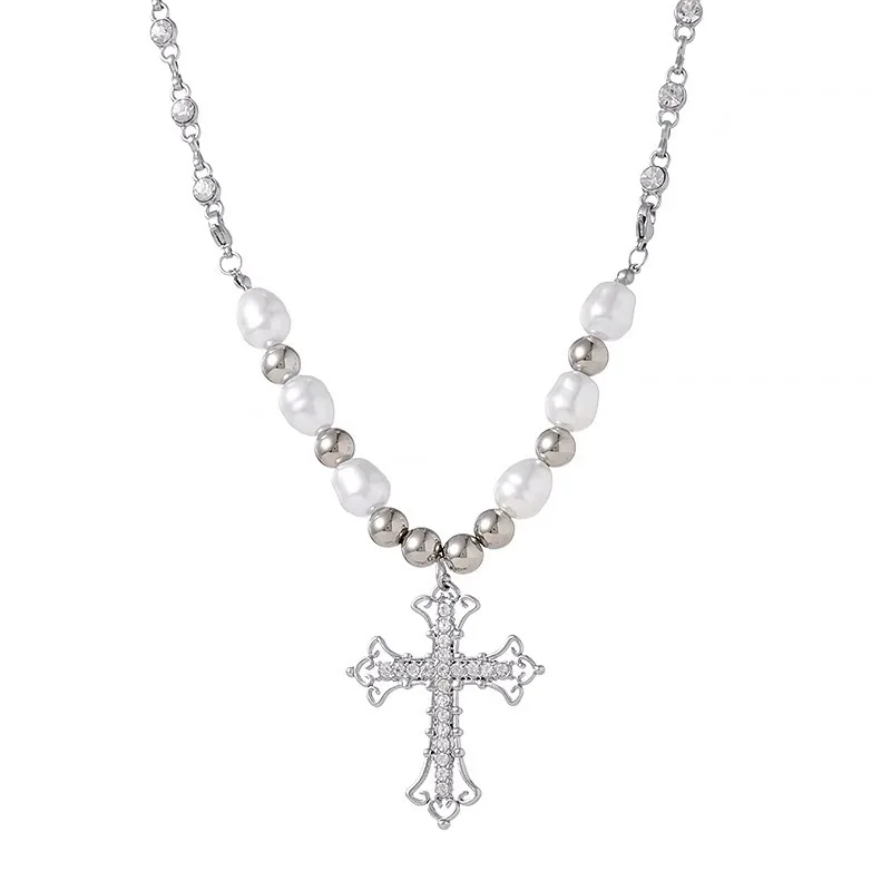 Trendy Pearl Punk Necklaces Inlay Pendant Sliver Plated Stainless Steel Cross Hip-Hop Necklace For Women And Men
