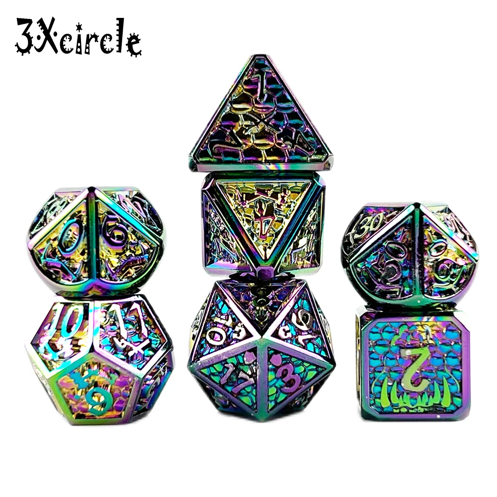 

Set of 7 Metal Polyhedral Game DND Dice Set, Colorful RPG BoardGame Dice Set of D4 D6 D8 D10 D12 D20 D%
