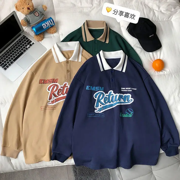 

Retro polo collar oversized shirt women's Korean 2022 autumn letter embroidered shirt Harajuku bear top long sleeve plus size
