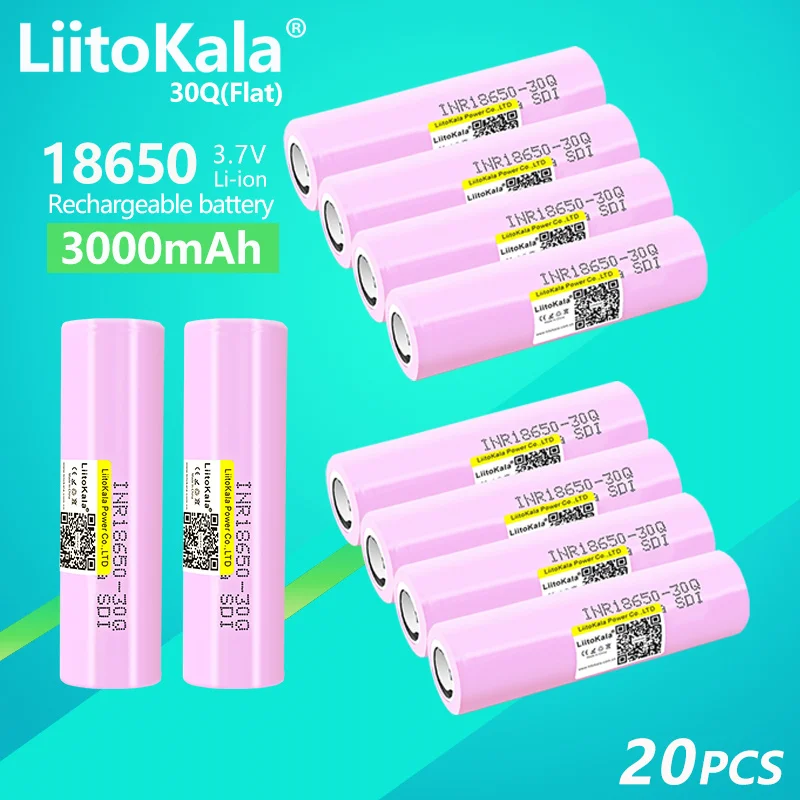 

20PCS LiitoKala 3.7V INR18650 30Q 20A 3000mah Rechargeable Lithium for E-cigarate Flashligh New Original Class A Battery