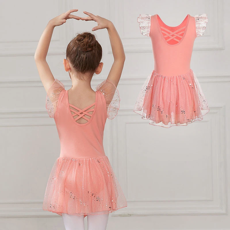 AOQUNFS Ballet Dance Dress For Girls Tutu Skirted  Ruffle Sleeve Gymnastic Criss-Cross Back Toddler Ballet Leotard Dance Costume
